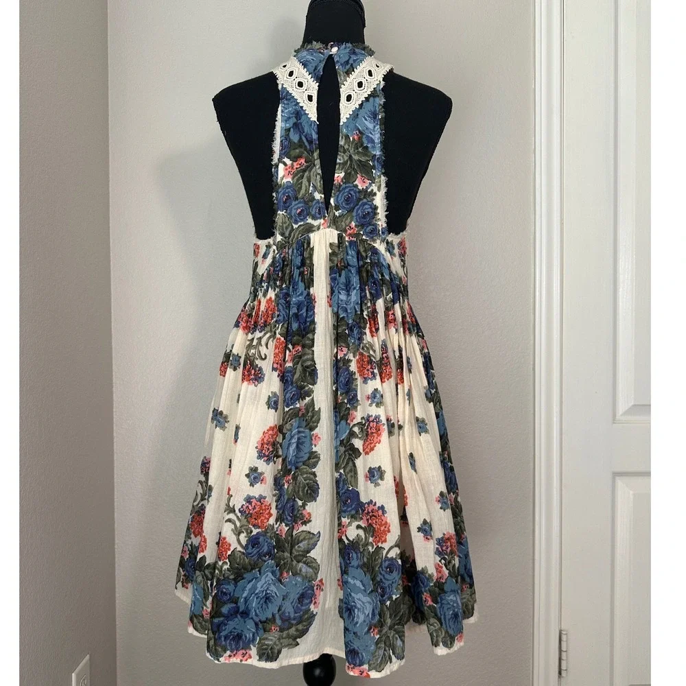 Free People Little Teacup Dress Small Blue Floral Crochet Cottage Shabby Chic